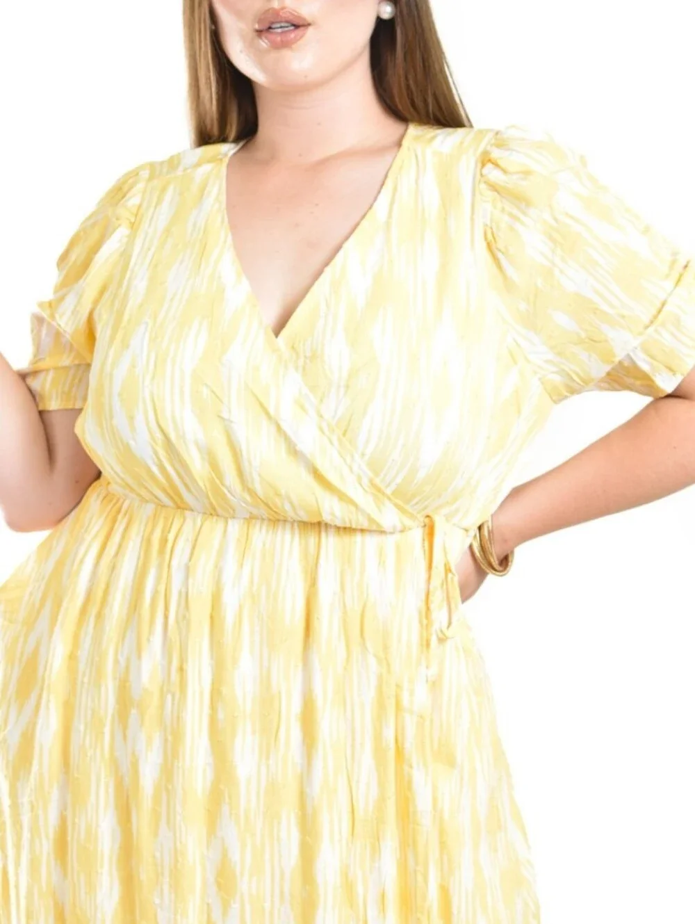 NWT Torrid Dress Midi Vneck Fit & Flare Yellow Ikat Medium Faux Wrap - Picture 4 of 10